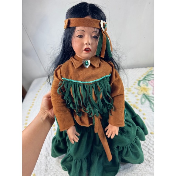 Native American Style Doll Collectible Porcelain Doll in Green Dress - Picture 8 of 9